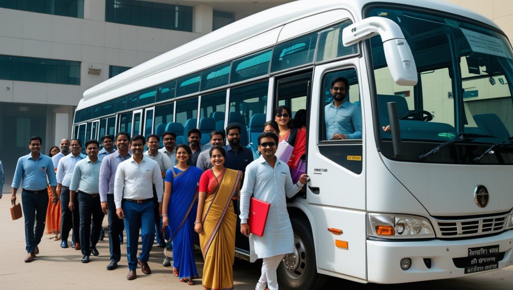 corporate employees boarding a 50-seater bus rental in Kukatpally for office travel with YODrives
