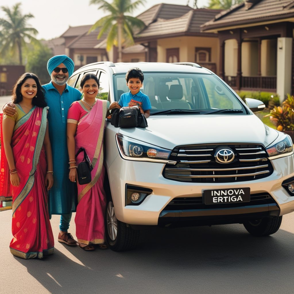 Indian family entering a 7-seater car rental in Kukatpally for a vacation trip with YODrives