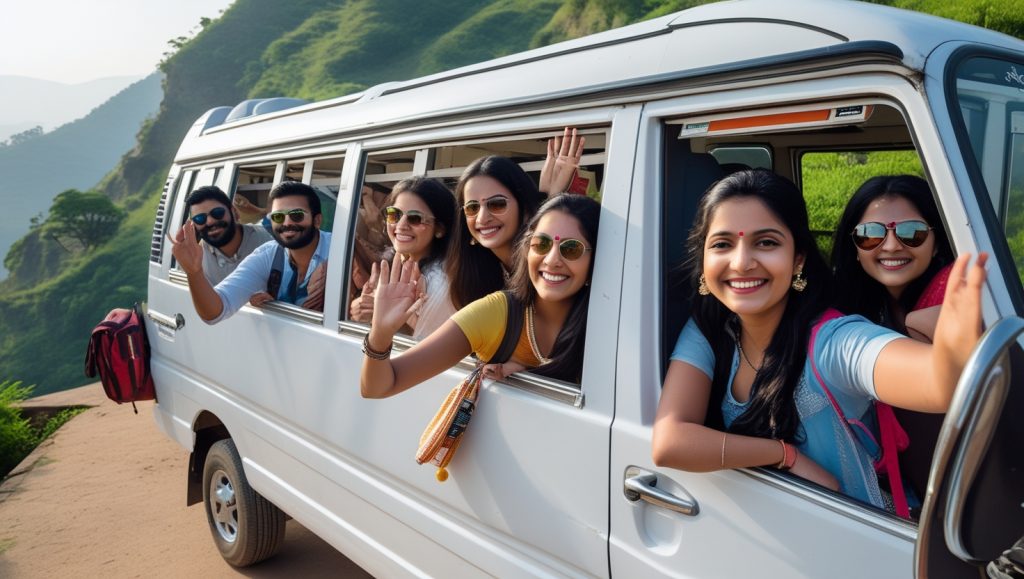 group of friends on a road trip in a tempo traveller from Kukatpally, Hyderabad enjoying scenic view

