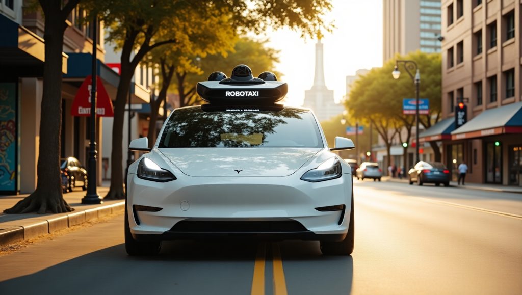 Tesla RoboTaxi self-driving electric car in Austin Texas with no driver