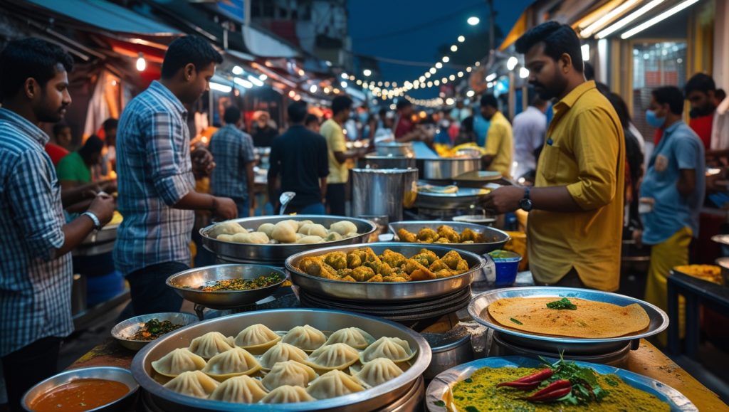 street food stalls in Kukatpally serving dosa, momos, and snacks to local crowds
