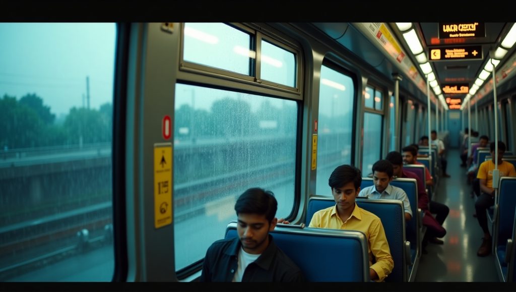 Hyderabad Metro train passing through city during monsoon