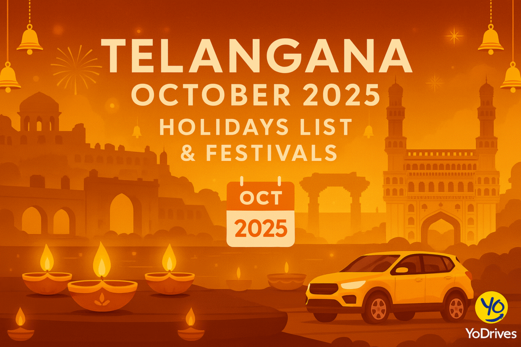 Telangana October 2025 holidays list and festivals guide – YoDrives travel blog featuring Telangana landmarks, festive vibes, and self-drive travel inspiration.